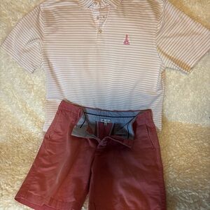 Peter Millar Golf shirt and matching shorts.  Salmon and white
